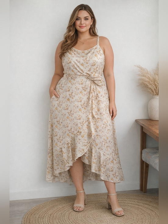 Skies Are Blue Dresses & Skirts - Skies Are Blue Cream Floral High-Low Tie-Waist Midi Dress